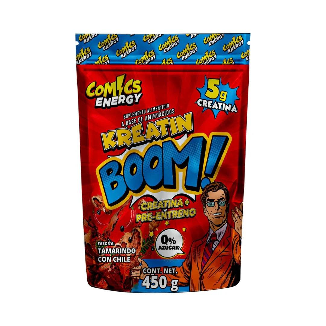 Kreatin Boom, Creatina Con Pre-Entreno – 450g, Comics Energy 30 porciones