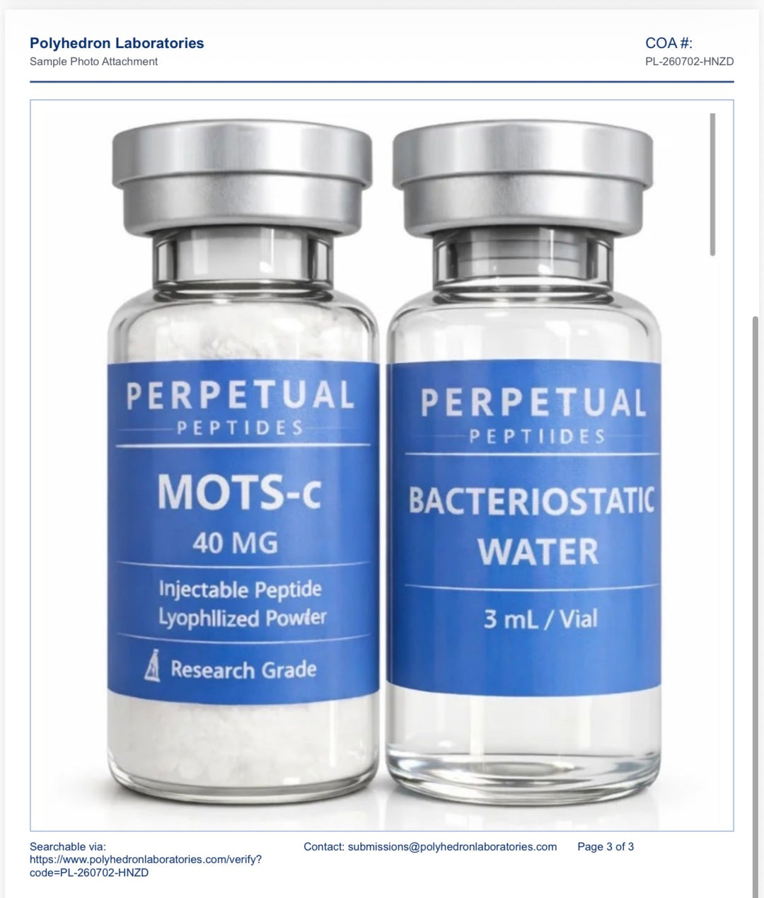 MOTS-c 40mg 1 vial + Agua Bacteriostática 3ml Kit